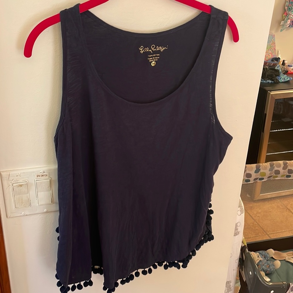 Navy cotton tank with pom poms